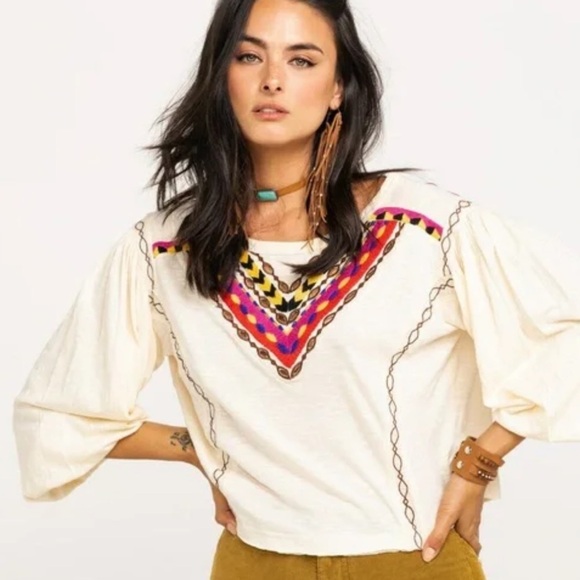 Free People XS Bohemian Cream Top with Multicolor Accents - Picture 1 of 7